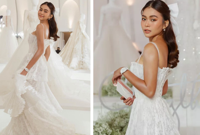 Mâu Thủy xinh đẹp như công chúa bước ra từ truyện cổ tích. Cô mặc bộ váy trắng bồng bềnh duyên dáng và không kém phần quyến rũ.