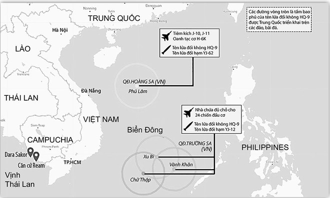 Sơ đồ về việc Trung Quốc triển khai vũ khí ở các đảo, bãi đá trên Biển Đông - ĐỒ HỌA: AMTI - HOÀNG ĐÌNH Sơ đồ về việc Trung Quốc triển khai vũ khí ở các đảo, bãi đá trên Biển Đông - ĐỒ HỌA: AMTI - HOÀNG ĐÌNH