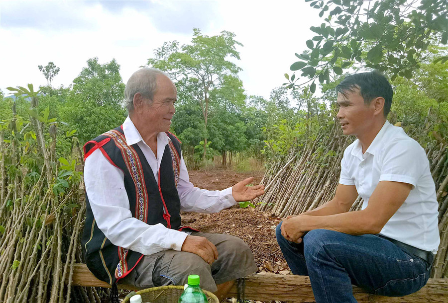 Ông Đinh Hrip (bìa trái; làng Toăk, xã Kon Chiêng, huyện Mang Yang) từng tham gia tuyên truyền, vận động và cùng với dân làng góp gạo nuôi học sinh bán trú. Ảnh: Hồng Thi