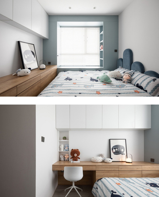 So với phòng ngủ của vợ chồng chủ nhà, phòng ngủ trẻ con nhiều màu sắc hơn nhưng vẫn trên tinh thần tối giản. Nhờ bố trí nhiều hộc, tủ với các màu trung tính, đứa trẻ dễ giữ căn phòng gọn gàng và cũng không bị mau chán. So với phòng ngủ của vợ chồng chủ nhà, phòng ngủ trẻ con nhiều màu sắc hơn nhưng vẫn trên tinh thần tối giản. Nhờ bố trí nhiều hộc, tủ với các màu trung tính, đứa trẻ dễ giữ căn phòng gọn gàng và cũng không bị mau chán.