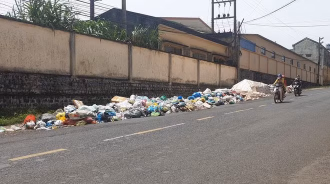 Rác ứ đọng trên đường phố Bảo Lộc, sáng 5.4. ẢNH: TRÙNG DƯƠNG