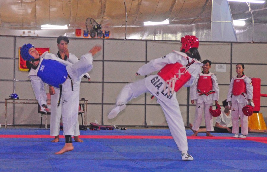 Các VĐV đội tuyển taekwondo của tỉnh tập luyện. Ảnh: Thiên Di