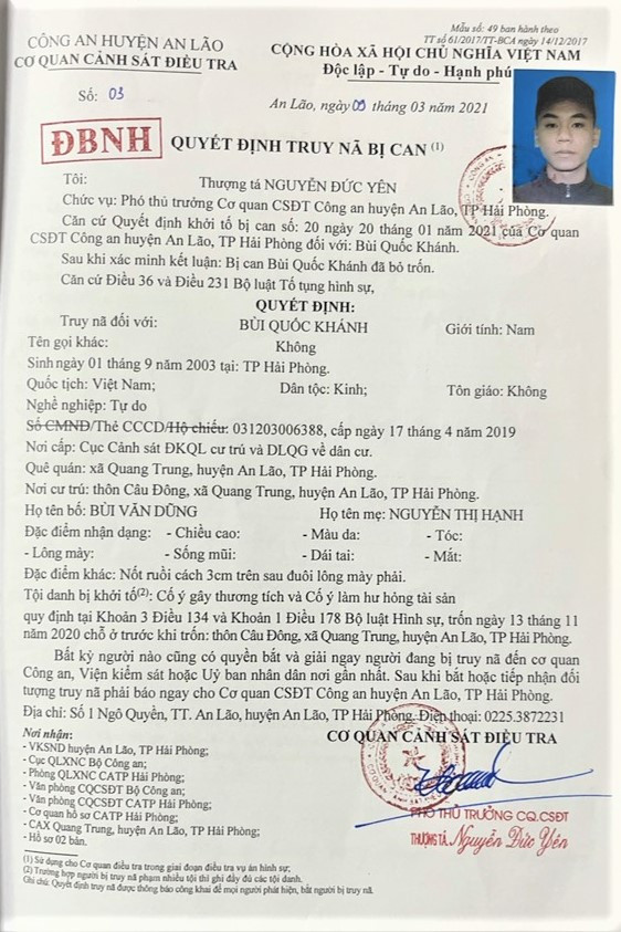 Lệnh truy nã đặc biệt nghiêm trọng đối tượng Bùi Quốc Khánh. Lệnh truy nã đặc biệt nghiêm trọng đối tượng Bùi Quốc Khánh.