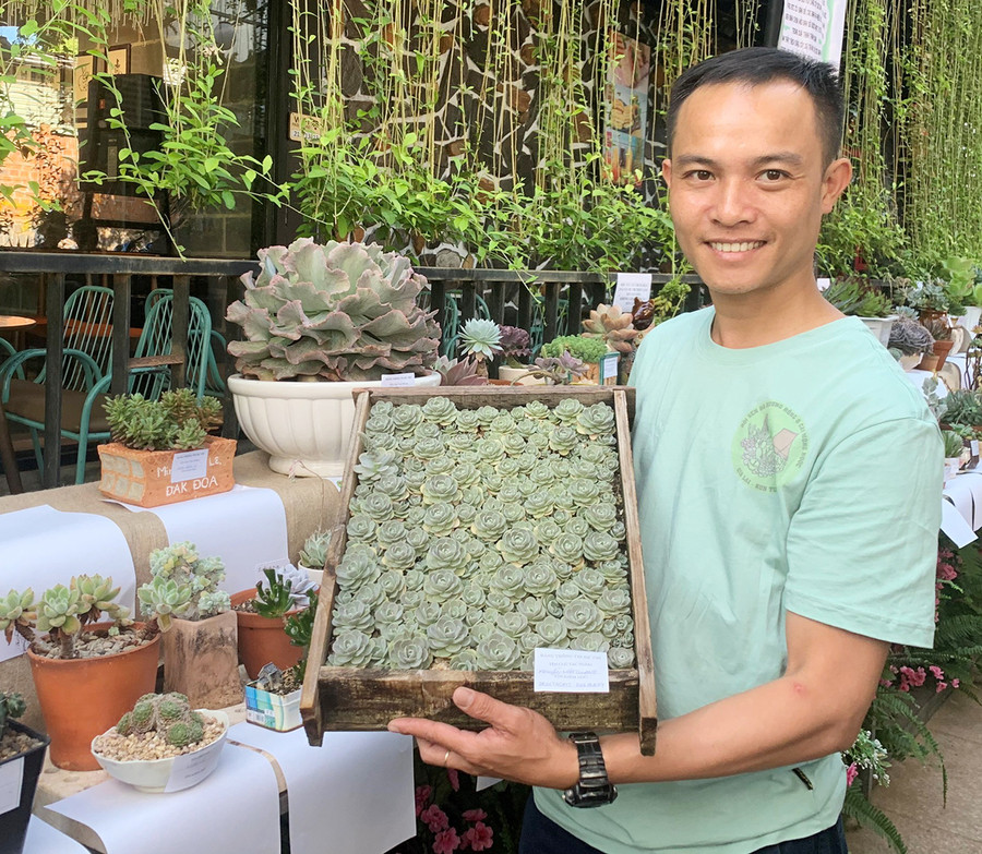 Anh Nguyễn Nhật Quang (TP. Kon Tum) cùng tác phẩm sen đá của mình đến dự thi tại chương trình. Ảnh: Phương Linh Anh Nguyễn Nhật Quang (TP Kon Tum) cùng tác phẩm sen đá dù của mình đến dự thi tại chương trình. Ảnh: Phương Linh