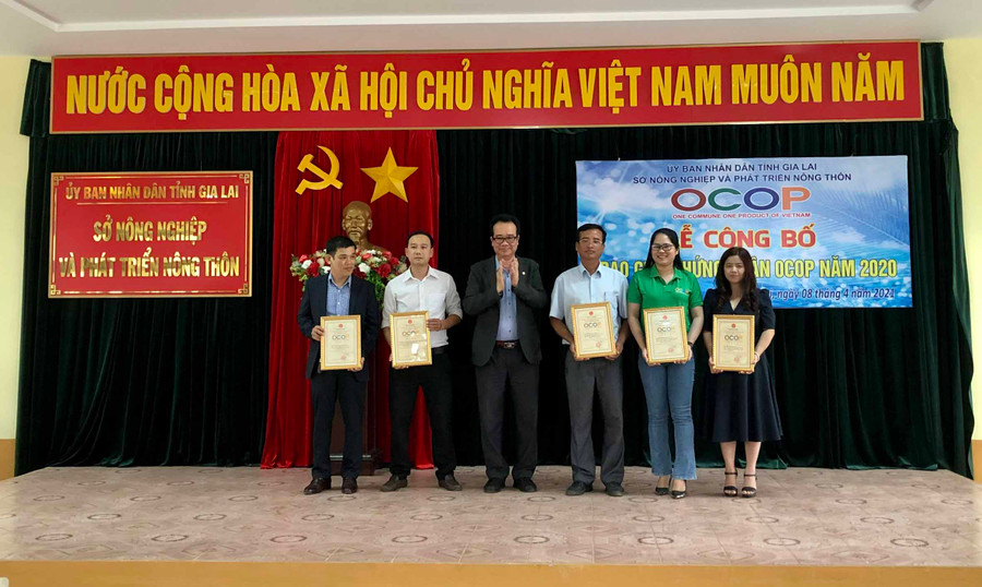 Lãnh đạo Sở Nông nghiệp và PTNT trao chứng nhận sản phẩm OCOP đạt 4 sao cho các chủ thể. Ảnh: Lê Nam Lãnh đạo Sở Nông nghiệp và PTNT trao chứng nhận đạt 4 sao OCOP Gia Lai cho các chủ thể