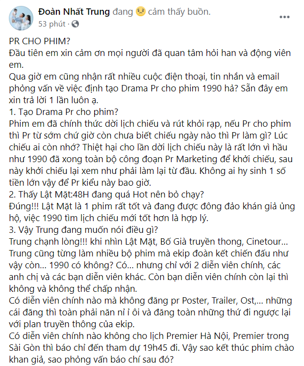 Nhất Trung đầy tâm trạng trong bài đăng trên Facebook cá nhân. ẢNH: CHỤP MÀN HÌNH