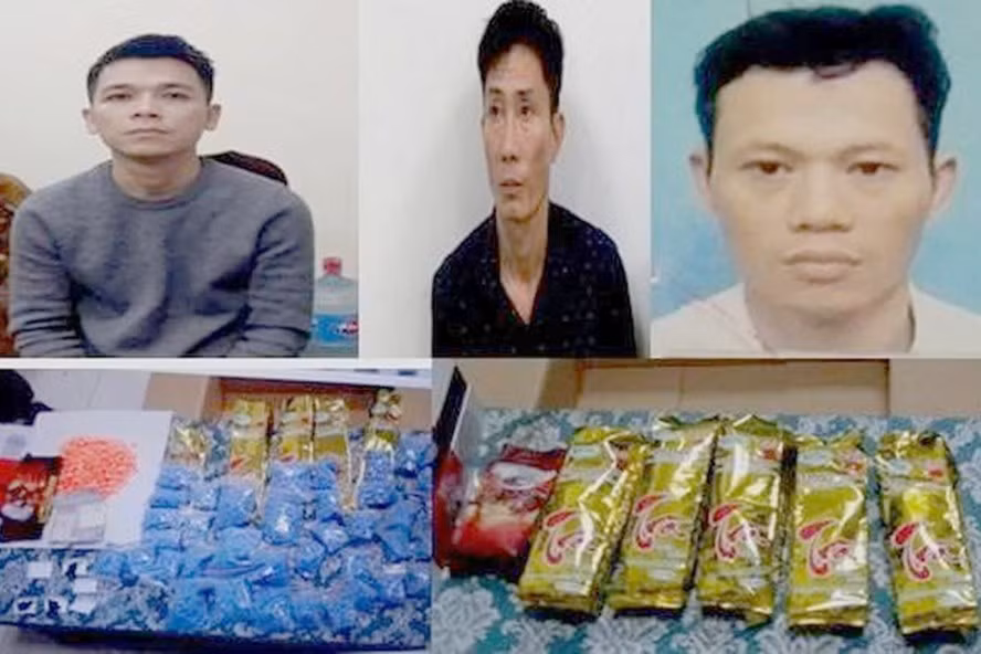 Các bị can Nguyễn Xuân Quý (ngoài cùng bên phải) và tang vật vụ án. Ảnh: Công an cung cấp