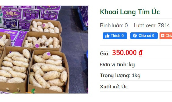 Khoai lang tím Úc có giá 350.000 đồng/kg Khoai lang tím Úc có giá 350.000 đồng/kg