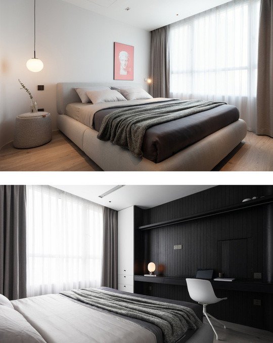 Phòng ngủ master sử dụng tông màu đen, trắng, xám và chỉ bố trí những đồ dùng thực sự cần thiết. Phòng ngủ master sử dụng tông màu đen, trắng, xám và chỉ bố trí những đồ dùng thực sự cần thiết.