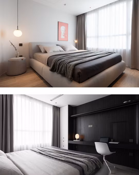 Phòng ngủ master sử dụng tông màu đen, trắng, xám và chỉ bố trí những đồ dùng thực sự cần thiết.