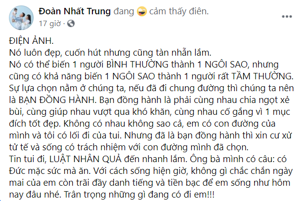 Bài đăng đầu tiên của Nhất Trung ám chỉ về một diễn viên mắc 