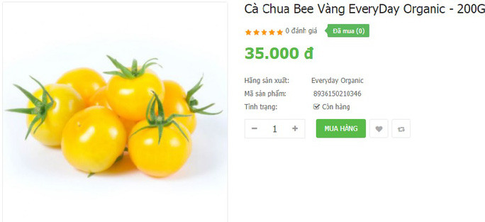 Cà chua bee (hay bi) vàng hữu cơ có giá 35.000 hộp 200g tương đương 175.000 đồng/kg Cà chua bee (hay bi) vàng hữu cơ có giá 35.000 hộp 200g tương đương 175.000 đồng/kg