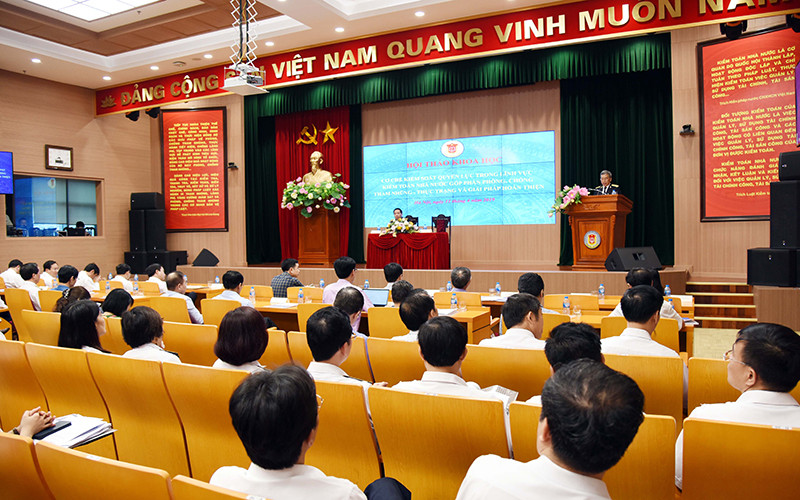 Hội thảo khoa học "Cơ chế kiểm soát quyền lực trong lĩnh vực Kiểm toán nhà nước góp phần phòng, chống tham nhũng-thực trạng và giải pháp hoàn thiện" năm 2019. (Ảnh BAN TỔ CHỨC) Hội thảo khoa học