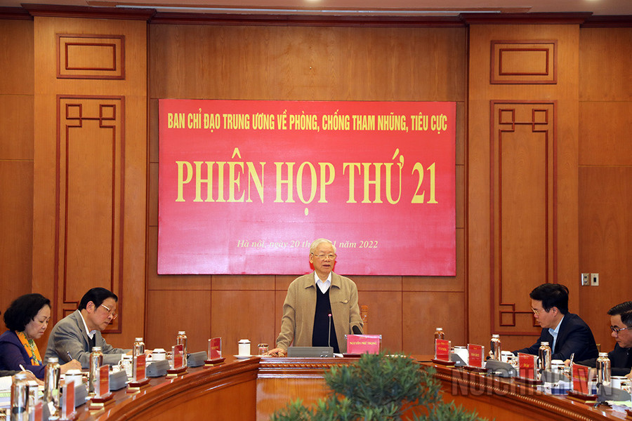 Tổng Bí thư Nguyễn Phú Trọng, Trưởng Ban Chỉ đạo Trung ương về phòng, chống tham nhũng, tiêu cực kết luận phiên họp thứ 21 của Ban Chỉ đạo. (Ảnh: noichinh.vn) Tổng Bí thư Nguyễn Phú Trọng, Trưởng Ban Chỉ đạo Trung ương về phòng, chống tham nhũng, tiêu cực kết luận phiên họp thứ 21 của Ban Chỉ đạo. (Ảnh: noichinh.vn)
