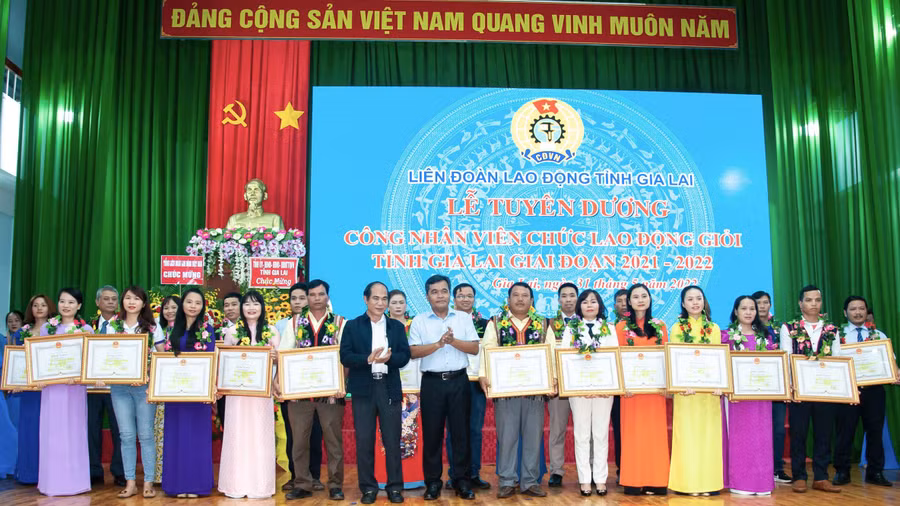 Lãnh đạo tỉnh tặng bằng khen cho công nhân, viên chức, người lao động giỏi giai đoạn 2021-2022. Ảnh: Đinh Yến