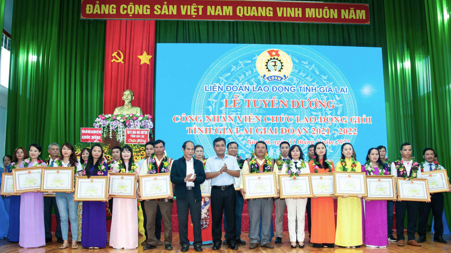 Lãnh đạo tỉnh tặng bằng khen cho công nhân, viên chức, người lao động giỏi giai đoạn 2021-2022. Ảnh: Đinh Yến