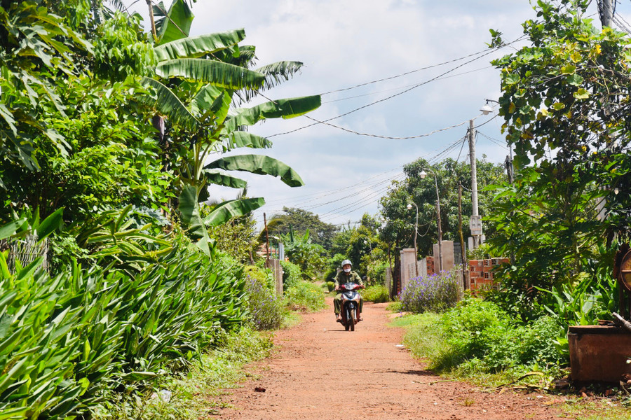 Người dân trong thôn Vinh Hà (xã Ia Blang) đoàn kết, đồng lòng lắp điện chiếu sáng tại các trục đường liên thôn. Ảnh: Trần Dung