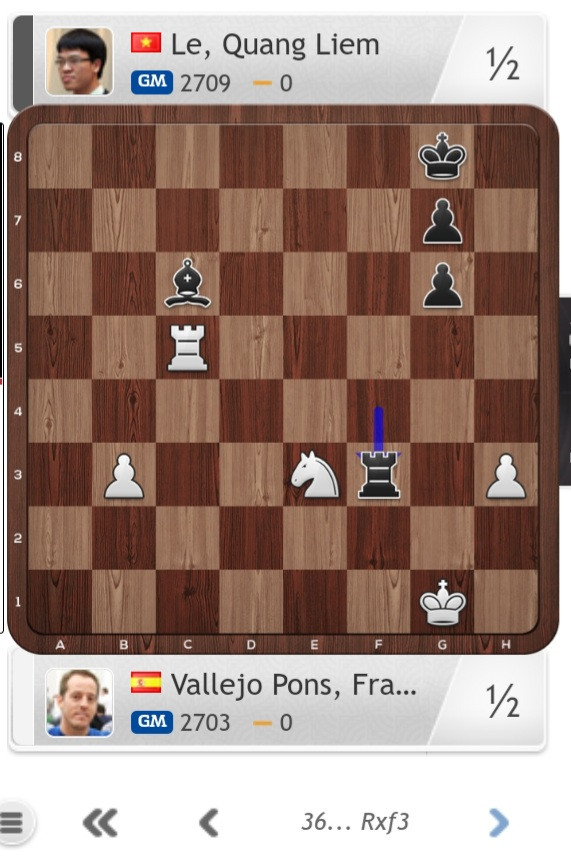 Lê Quang Liêm hòa Vallejo Pons Francisco sau 36 nước đấu trí. Ảnh chụp màn hình