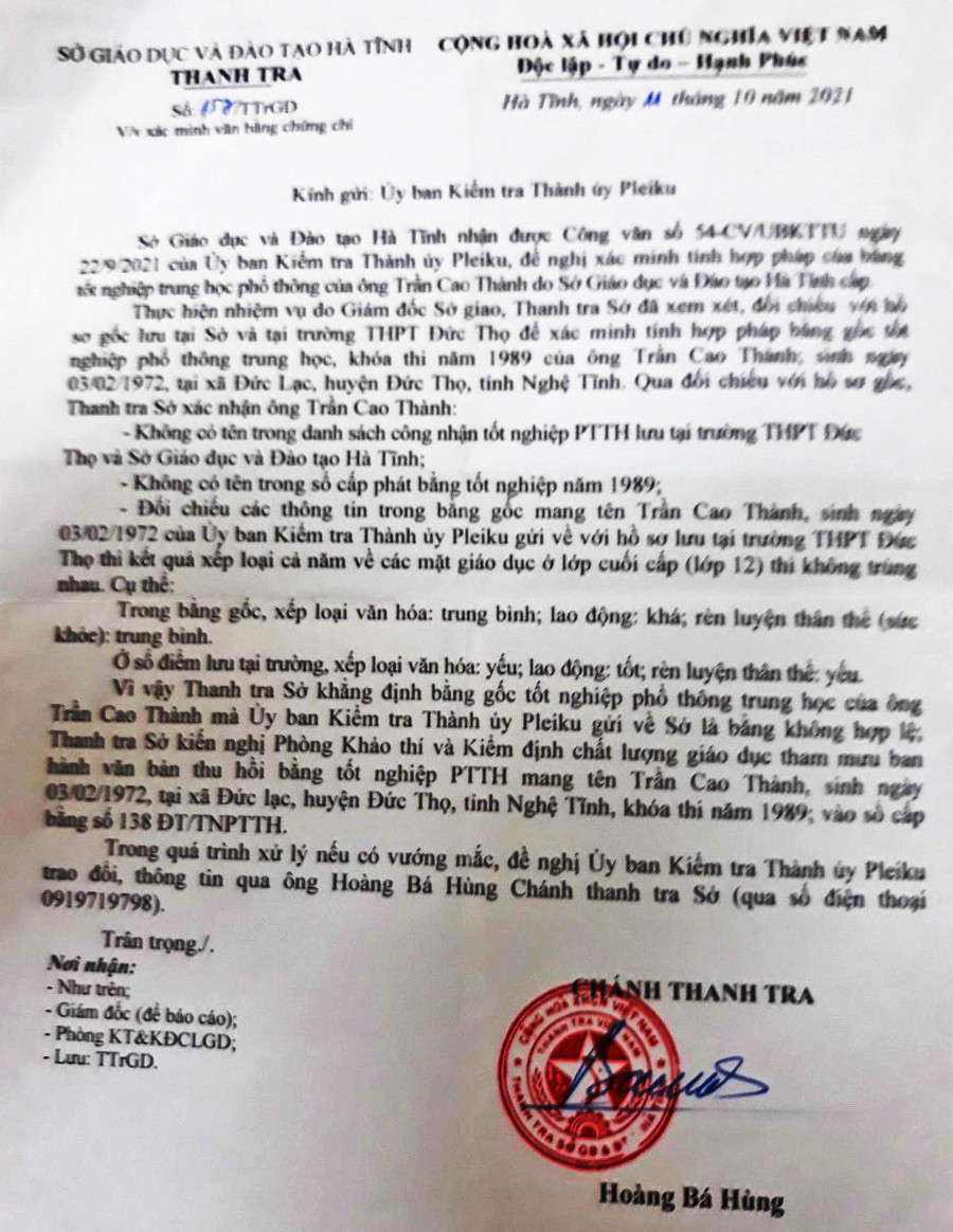 Công văn số 157/TTrGD của Thanh tra Sở Giáo dục và Đào tạo tỉnh Hà Tĩnh về việc xác minh văn bằng chứng chỉ của ông Trần Cao Thành