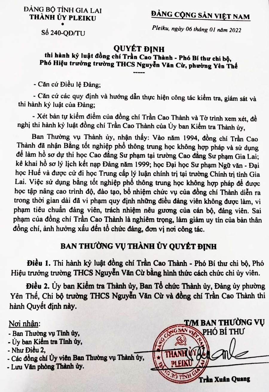  Quyết định thi hành kỷ luật ông Trần Cao Thành của Ban Thường vụ Thành ủy Pleiku.