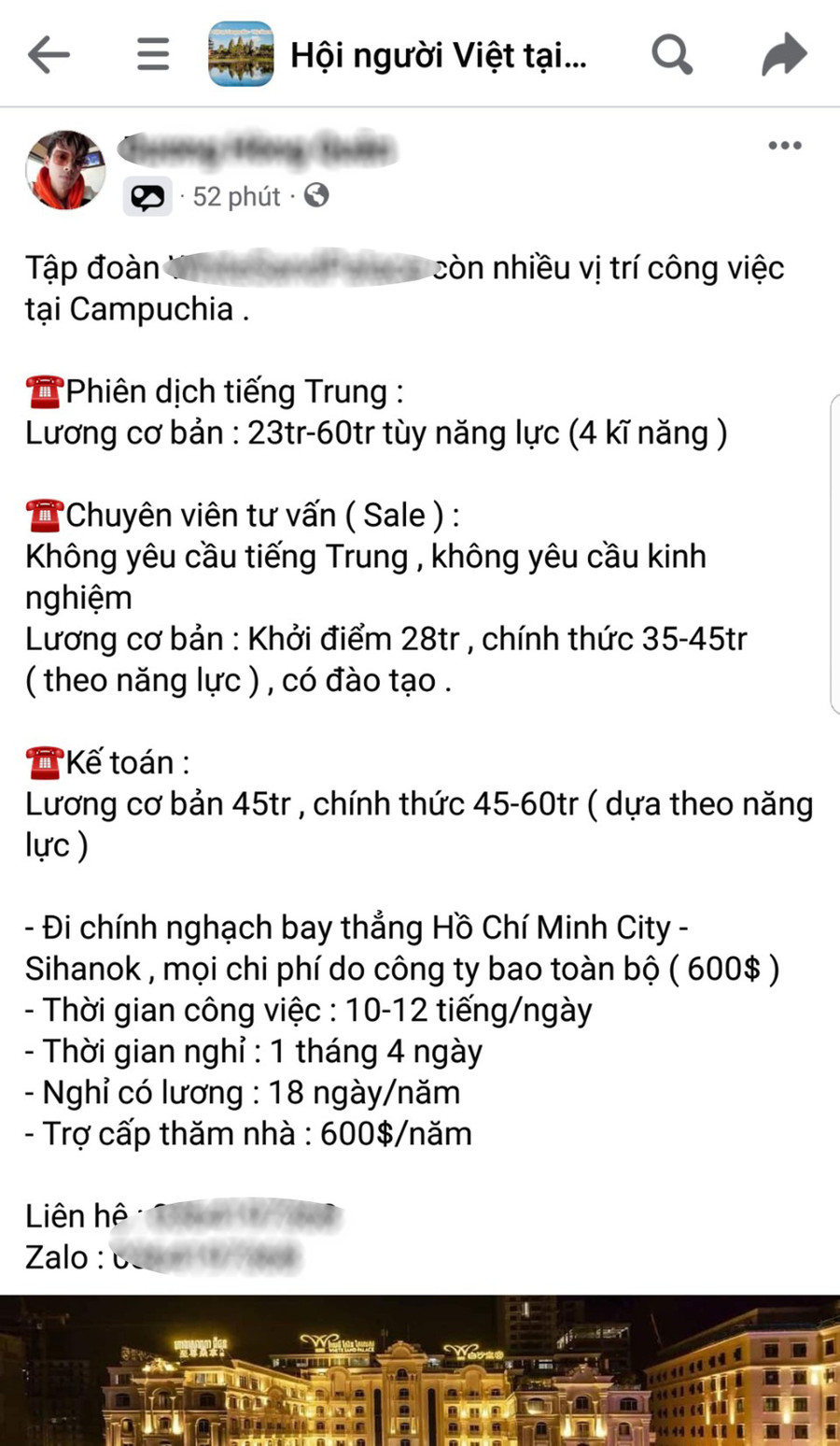 Thông tin quảng cáo “việc nhẹ, lương cao” trên mạng xã hội Facebook khi qua Campuchia làm việc