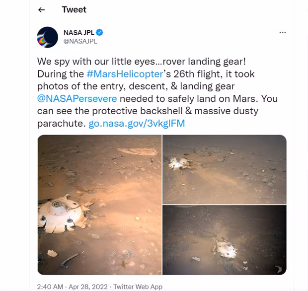 Trực thăng không người lái Ingenuity đã chụp ảnh thấy tầng hạ cánh của tàu Perseverance trong lúc bay khảo sát. Nguồn: Yahoo News