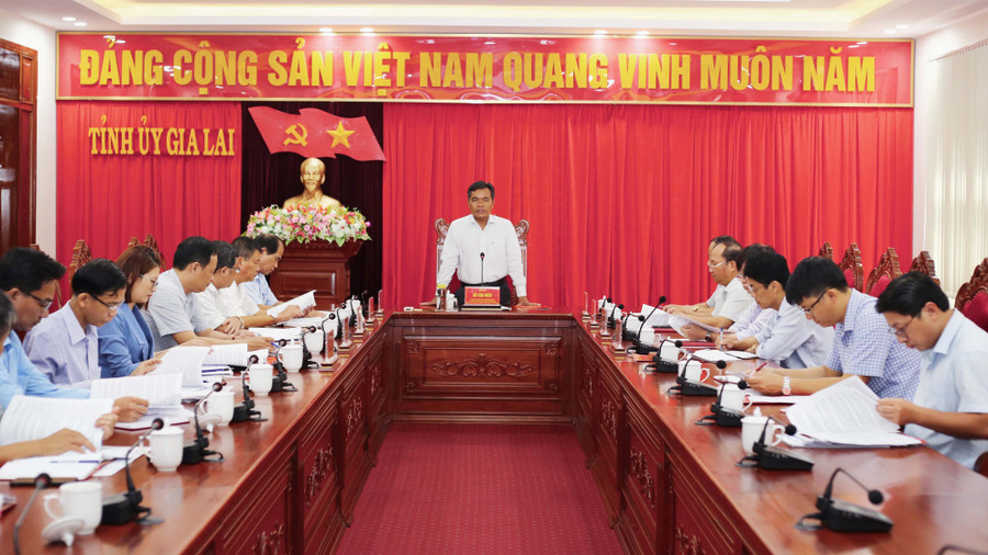 Đồng chí Hồ Văn Niên-Ủy viên Ban Chấp hành Trung ương Đảng, Bí thư Tỉnh ủy, Chủ tịch HĐND tỉnh phát biểu tại buổi làm việc. Ảnh: Lê Anh