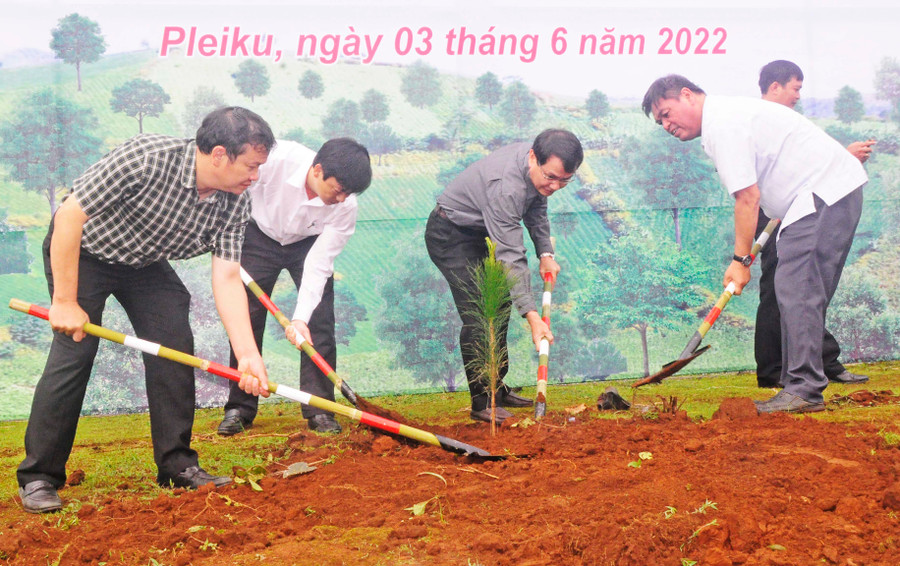 Các đồng chí lãnh đạo tỉnh, sở, ngành và thành phố Pleiku trồng cây xanh tại lễ phát động. Ảnh: Hoành Sơn