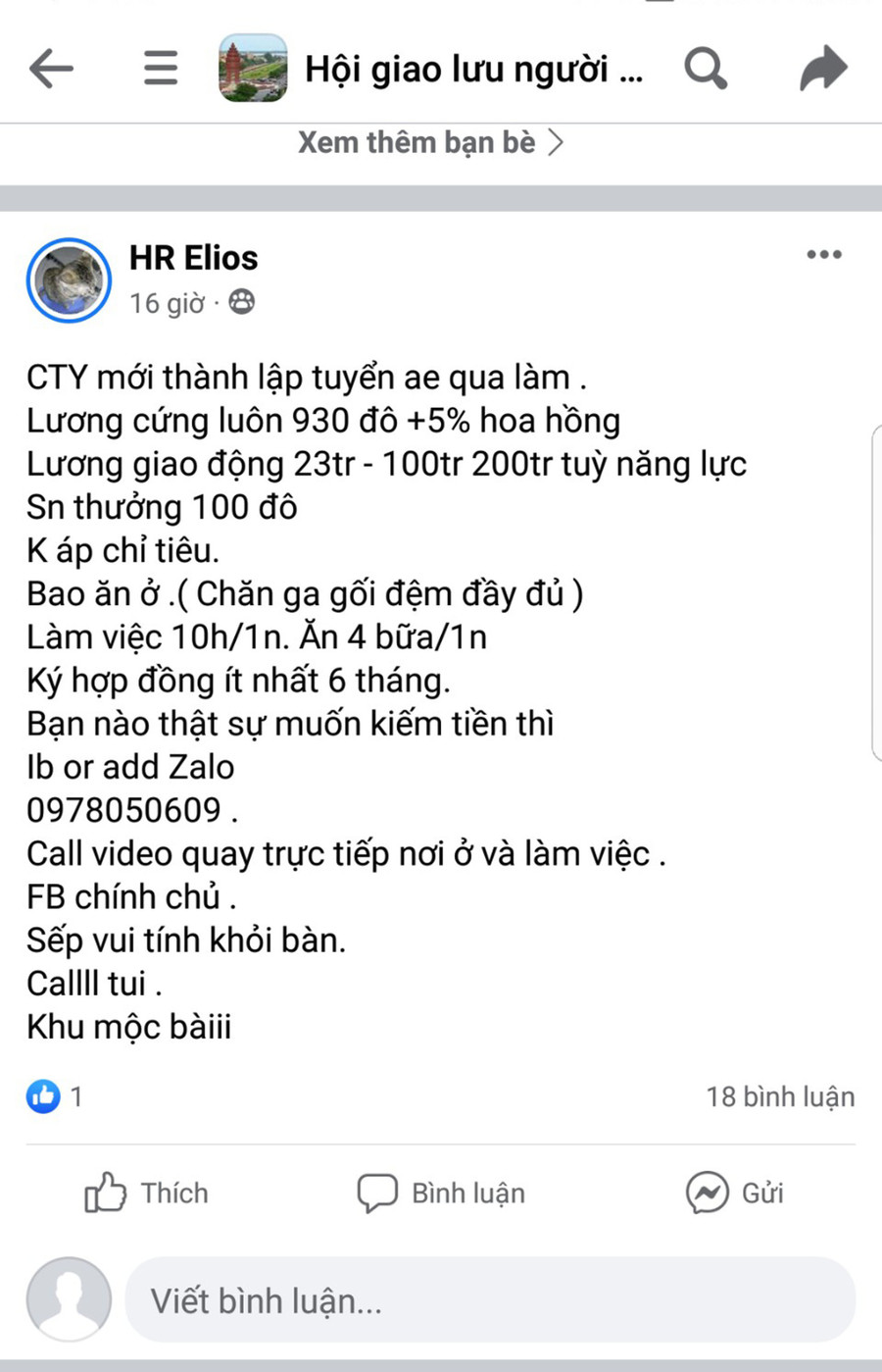Thông tin quảng cáo “việc nhẹ, lương cao” trên mạng xã hội Facebook khi qua Campuchia làm việc. Ảnh: Thanh Niên