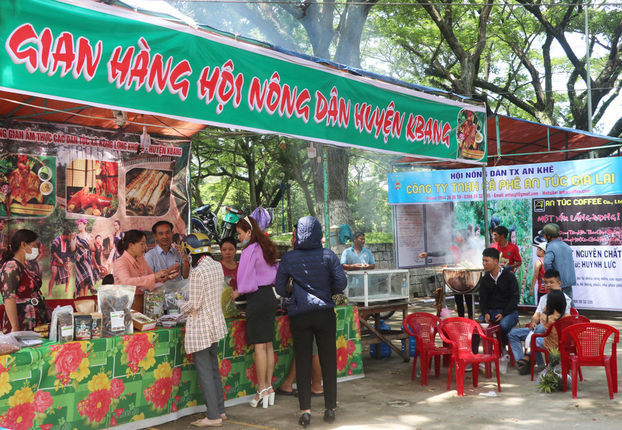 Phiên chợ nông sản thị xã An Khê thu hút 27 gian hàng của 11 Hội Nông dân xã, phường và Hội Nông dân các huyện lân cận. Ảnh: Ngọc Minh