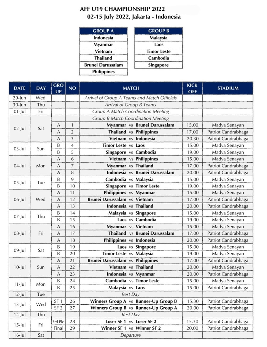 Lịch thi đấu chính thức giải U.19 Đông Nam Á. Ảnh: AFF