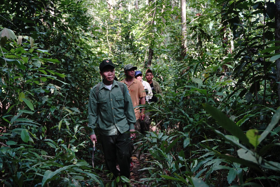 Người dân làng Bar Gốc cùng cán bộ Trạm Quản lý bảo vệ rừng Bar Gốc tham gia tuần tra, bảo vệ rừng. Ảnh: VT
