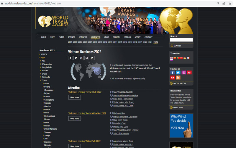 Cùng bình chọn cho du lịch Việt Nam tại 61 hạng mục của World Travel Awards khu vực châu Á năm 2022. Ảnh: chụp màn hình