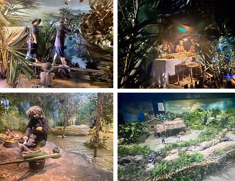 Những hình ảnh được phục dựng sống động trong các hộp hình chuyên đề trưng bày tại Công viên Tượng đài Long An “Trung dũng, kiên cường, toàn dân đánh giặc”. Ảnh: Mộc Trà