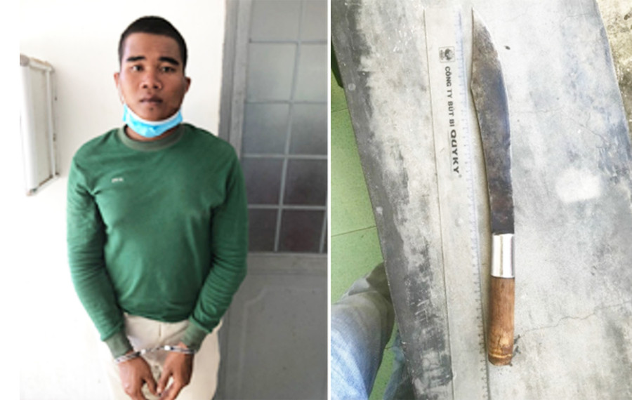 Đối tượng Nay Khê tại Cơ quan Công an và hung khí gây án. Ảnh: Trần Hữu Đối tượng Nay Khê tại cơ quan Công an và hung khí gây án. Ảnh: Trần Hữu