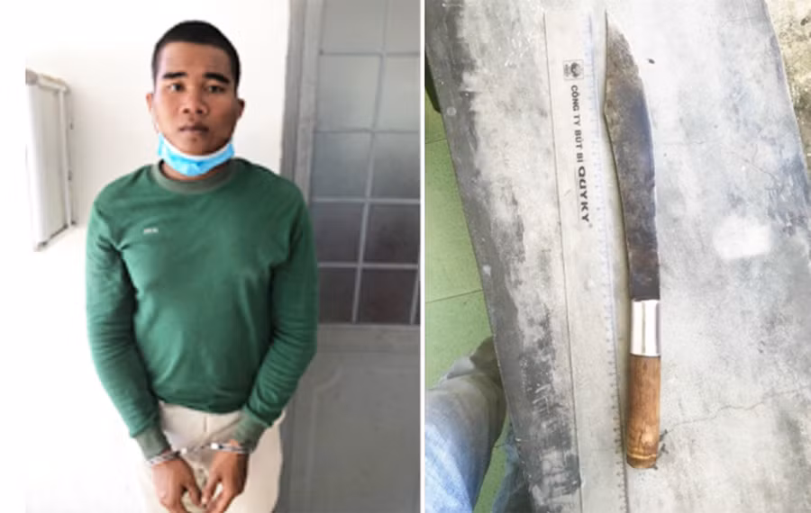  Đối tượng Nay Khê tại cơ quan Công an và hung khí gây án. Ảnh: Trần Hữu