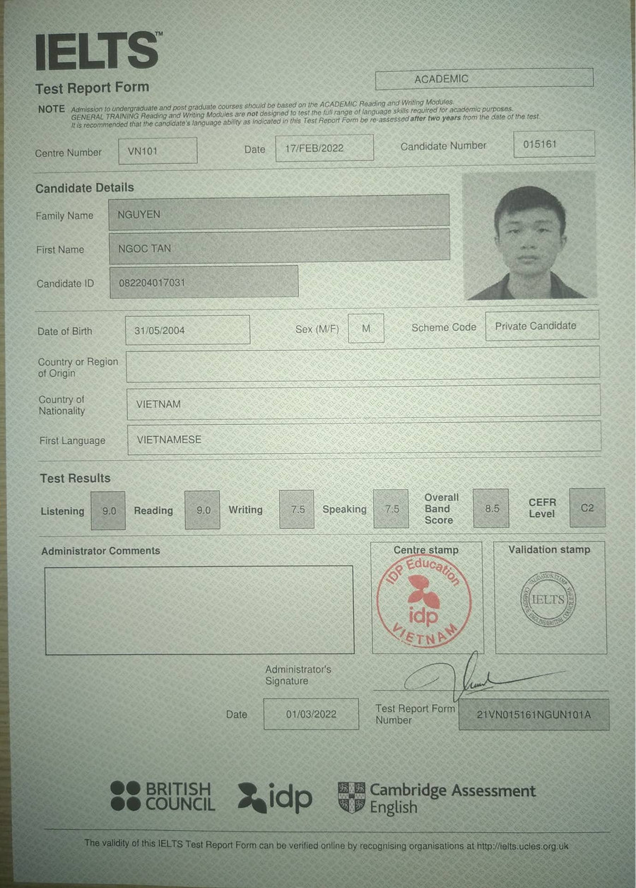Điểm thi IELTS của Ngọc Tân. Ảnh: NVCC Điểm thi IELTS của Ngọc Tân. Ảnh: NVCC