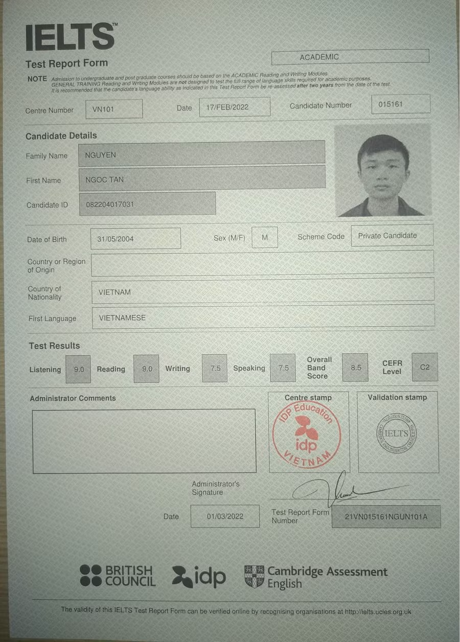 Điểm thi IELTS của Ngọc Tân. Ảnh: NVCC