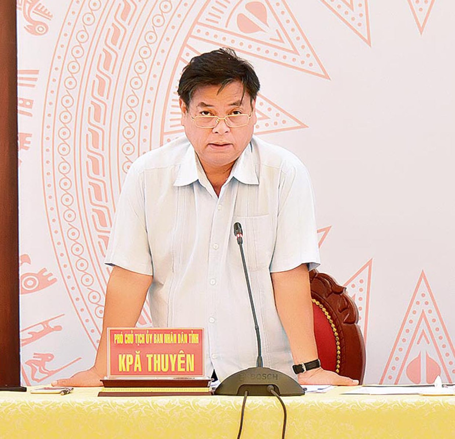 Phó Chủ tịch UBND tỉnh Kpă Thuyên phát biểu tại hội nghị về lĩnh vực nông-lâm nghiệp. Ảnh: Đức Thụy