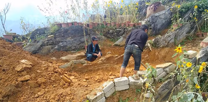 Bởi vậy, anh Sơn phải thuê người dân tộc phát cỏ dại, gùi đất lên đồi, đổ vào từng hốc đá, làm bậc thang đá dẫn lên vườn. Bởi vậy, anh Sơn phải thuê người dân tộc phát cỏ dại, gùi đất lên đồi, đổ vào từng hốc đá, làm bậc thang đá dẫn lên vườn.