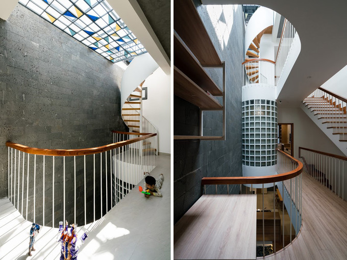 Giữa nhà có giếng trời, tường gạch thông gió, cây xanh và hồ nước. Khu vực này thêm lung linh nhờ mái che màu sắc cùng cầu thang xoắn mềm mại dẫn lên sân thượng - nơi dự kiến trồng rau. Giữa nhà có giếng trời, tường gạch thông gió, cây xanh và hồ nước. Khu vực này thêm lung linh nhờ mái che màu sắc cùng cầu thang xoắn mềm mại dẫn lên sân thượng - nơi dự kiến trồng rau.