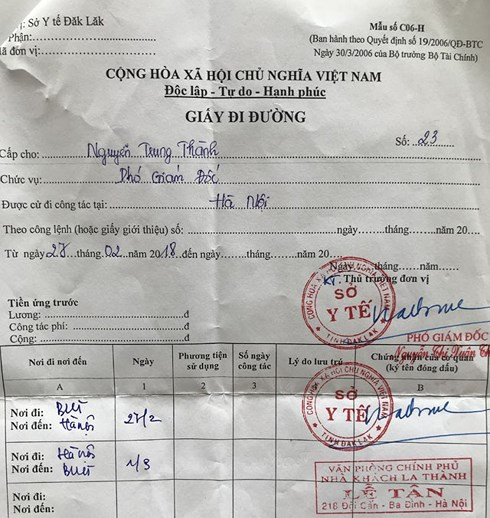 Giấy đi đường công tác vào ngày 27-2 của ông Thành (ảnh Sở Y tế cung cấp)