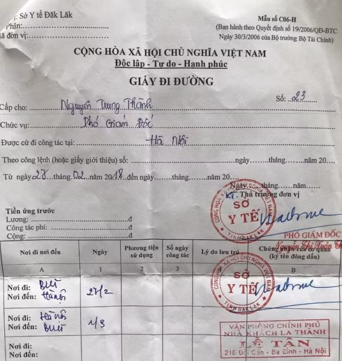 Giấy đi đường công tác vào ngày 27-2 của ông Thành (ảnh Sở Y tế cung cấp)