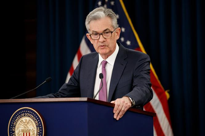  Chủ tịch Ngân hàng Dự trữ Liên bang Mỹ Jerome Powell trong cuộc họp báo tại Washington DC., ngày 19/6/2019. Ảnh: THX/TTXVN