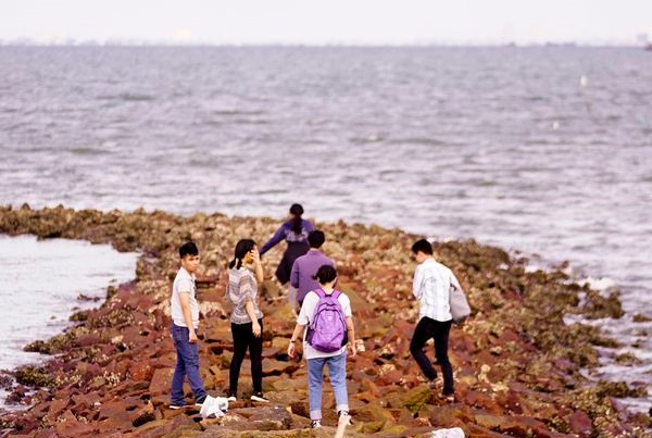 Tại xã đảo Thạnh An có những bãi đá trải dài hướng ra biển để cho các bạn trẻ check-in 