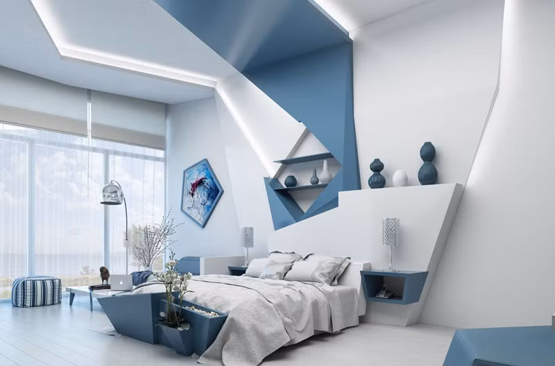  Tường và trần nhà sử dụng kiến trúc hình học và màu sắc tạo ảo ảnh về quang học đẹp mắt.