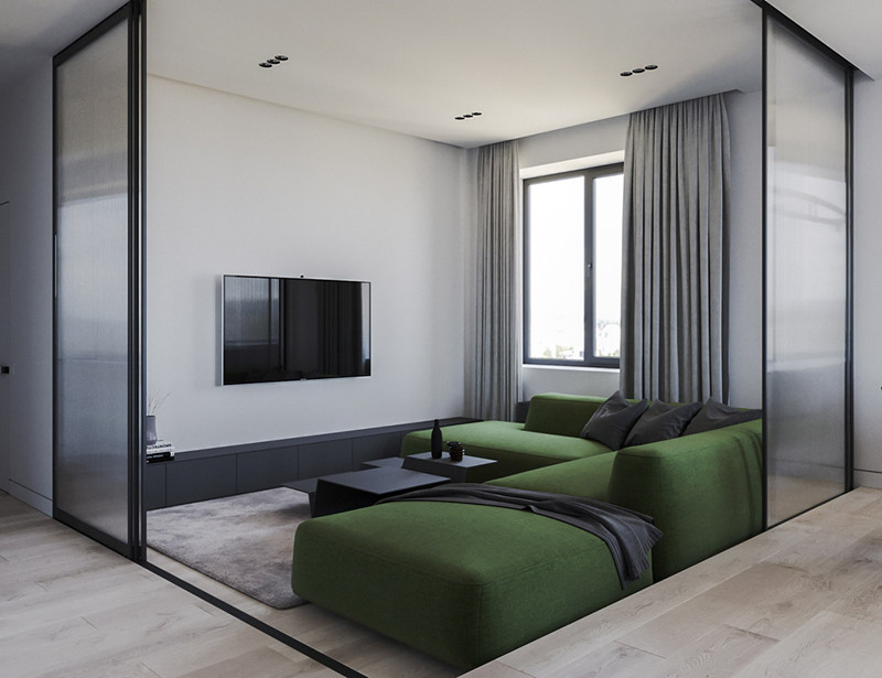 Cửa kính bao quanh ghế sofa và phòng khách hiện đại để làm cho nó trở thành một không gian ấm cúng hơn