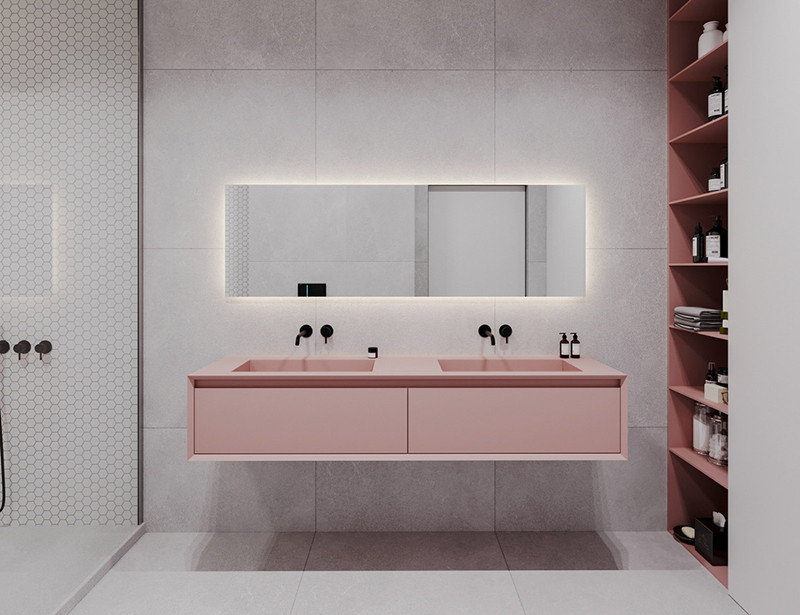 Phòng tắm sử dụng quy tắc trang trí trắng và hồng tạo sự thống nhất.