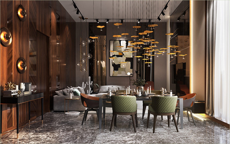 Căn phòng mang phong cách hiện đại với cách bài trí độc đáo trở nên sang trọng, huyền ảo hơn khi có thêm những chùm đèn vàng rủ xuống.