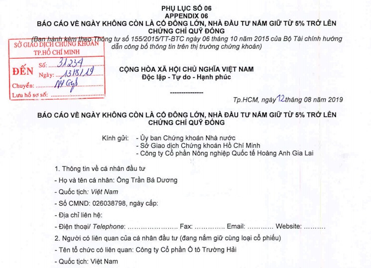 Báo cáo tỷ lệ sở hữu HNG của tỷ phú Trần Bá Dương